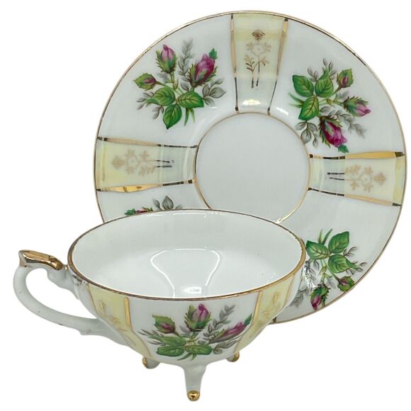 Vintage Pink Rose Tea Cup and Saucer 3 Footed Geometric‎ Lusterware Gold Trim - Picture 2 of 9